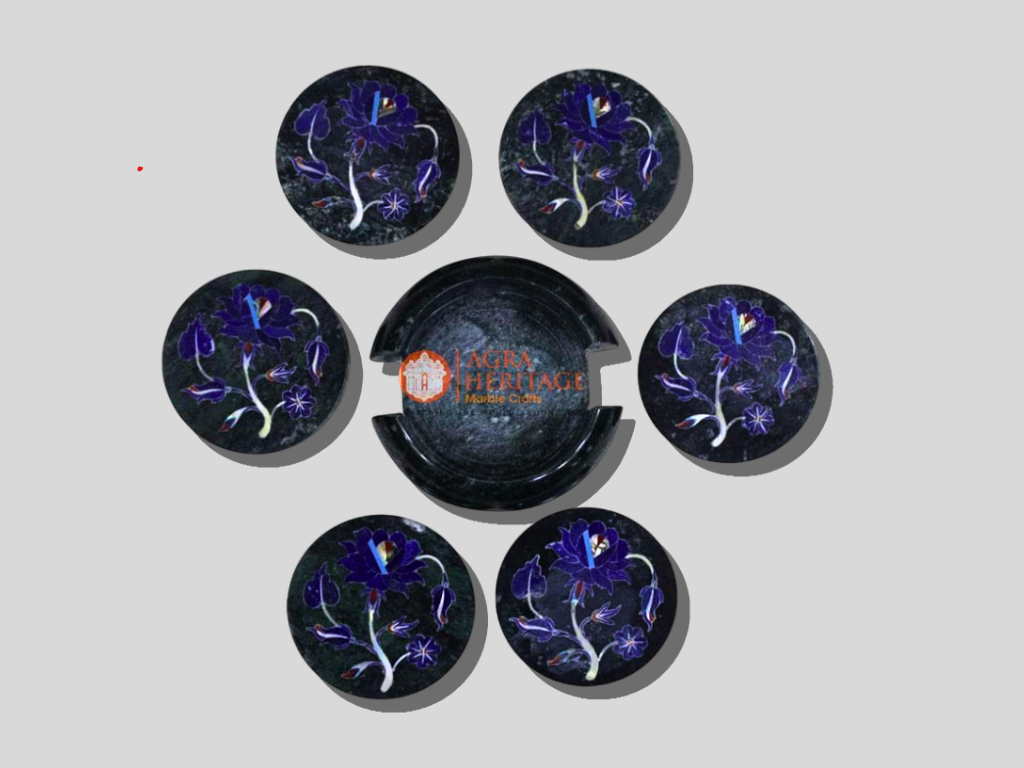 Black Marble Lapis Floral Teapot Coaster Set